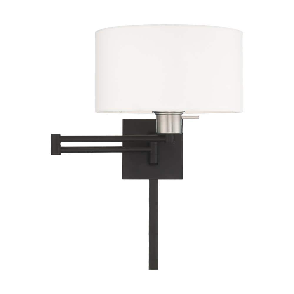 Sleek Transitional Black Swing Arm Wall Lamp with Off-White Fabric Shade