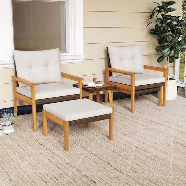 Costway 5-Piece Wicker Patio Conversation Set with Chairs and Ottomans Square Coffee Table and Off White Cushions