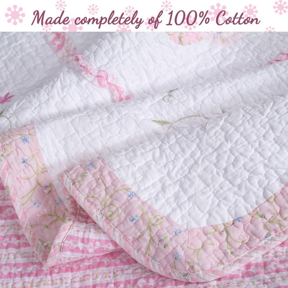 Pink and White Floral Cotton Twin Reversible Quilt Set