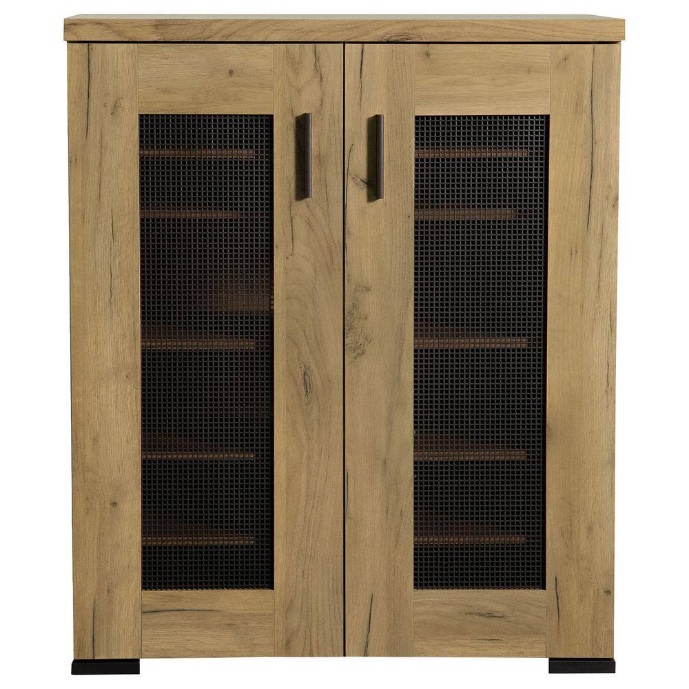 Golden Oak and Gunmetal Mesh Door Accent Cabinet