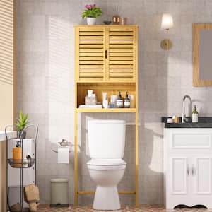 24.4 in. W x 66.9 in. H x 9.5 in. D Yellow Bamboo Bathroom Over-the-Toilet Storage with Removable Shelf and Doors