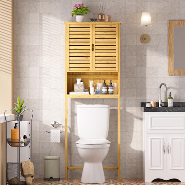 24.4 in. W x 66.9 in. H x 9.5 in. D Yellow Bamboo Bathroom Over-the-Toilet Storage with Removable Shelf and Doors