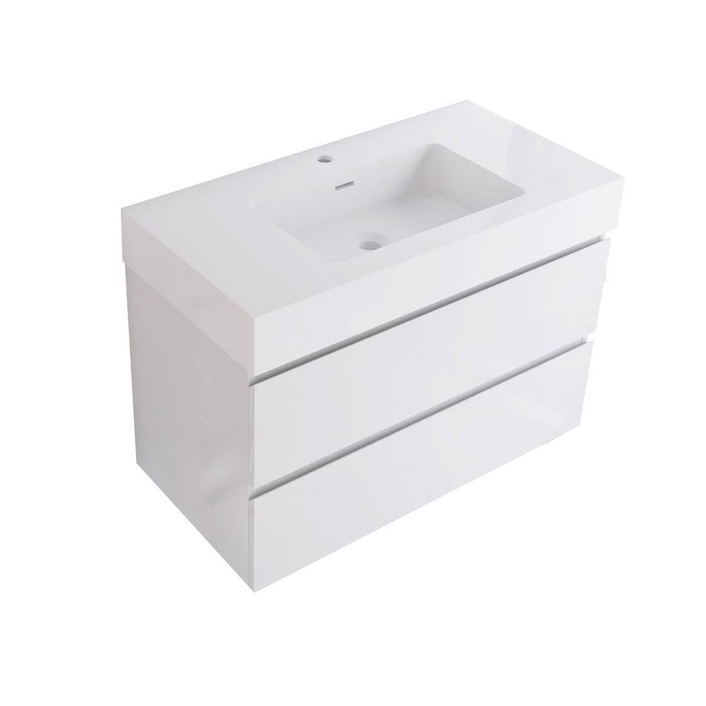 White MDF Wall-Mounted Bathroom Vanity with Resin Sink, 36"
