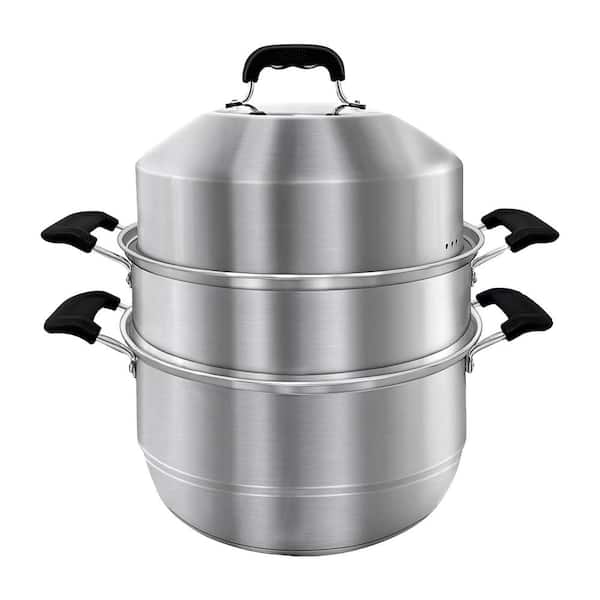 14.2 in. Stainless Steel 2-Tier Steamer Pot with Lid, Multipurpose Stock Pot with Handles for Vegetables & Dumplings