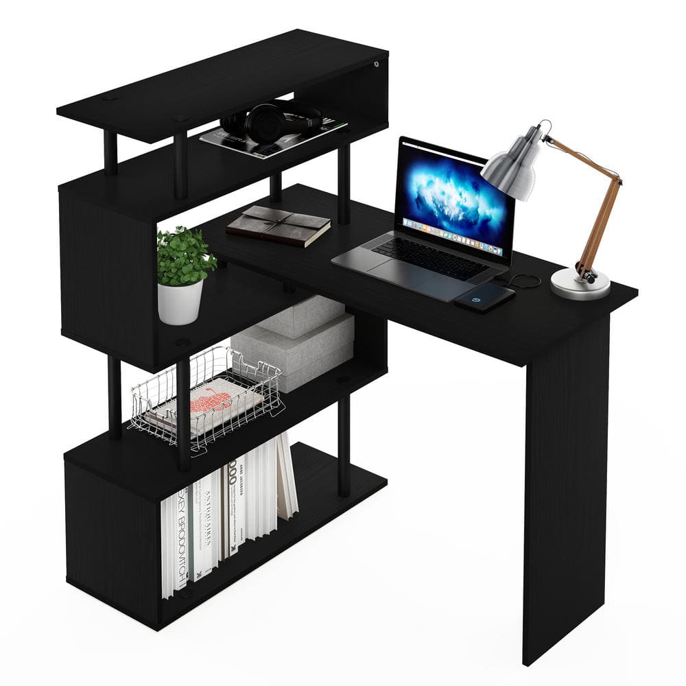 L-Shape Black Wood Corner Computer Desk with 5-Tier Shelves