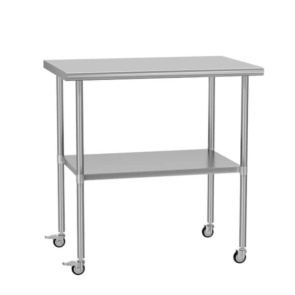 Stainless Steel Table 24 x 36 in. Metal Work Table Adjustable Undershelves With wheels for Commercial Kitchen, Outdoor
