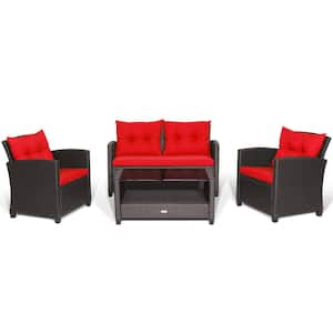 4-Piece Wicker Patio Conversation Set Chair Coffee Table Classic Furniture Set with Red Cushions