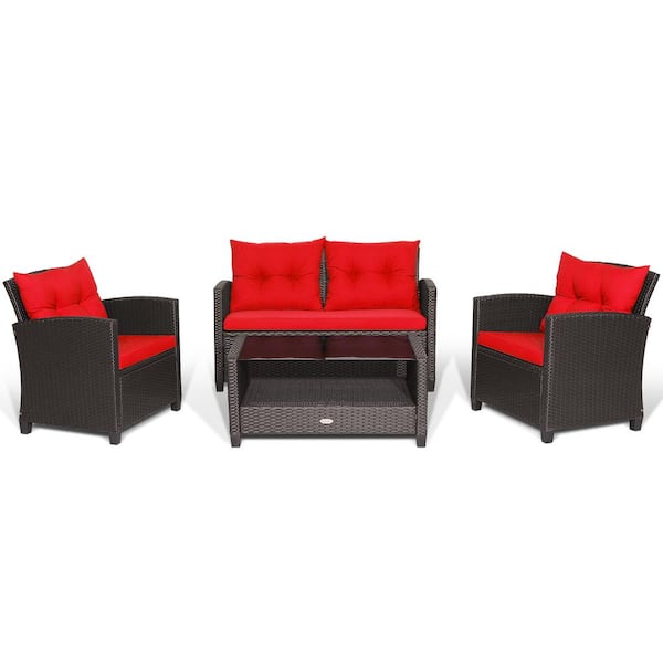 HONEY JOY 4-Piece Wicker Patio Conversation Set Chair Coffee Table Classic Furniture Set with Red Cushions