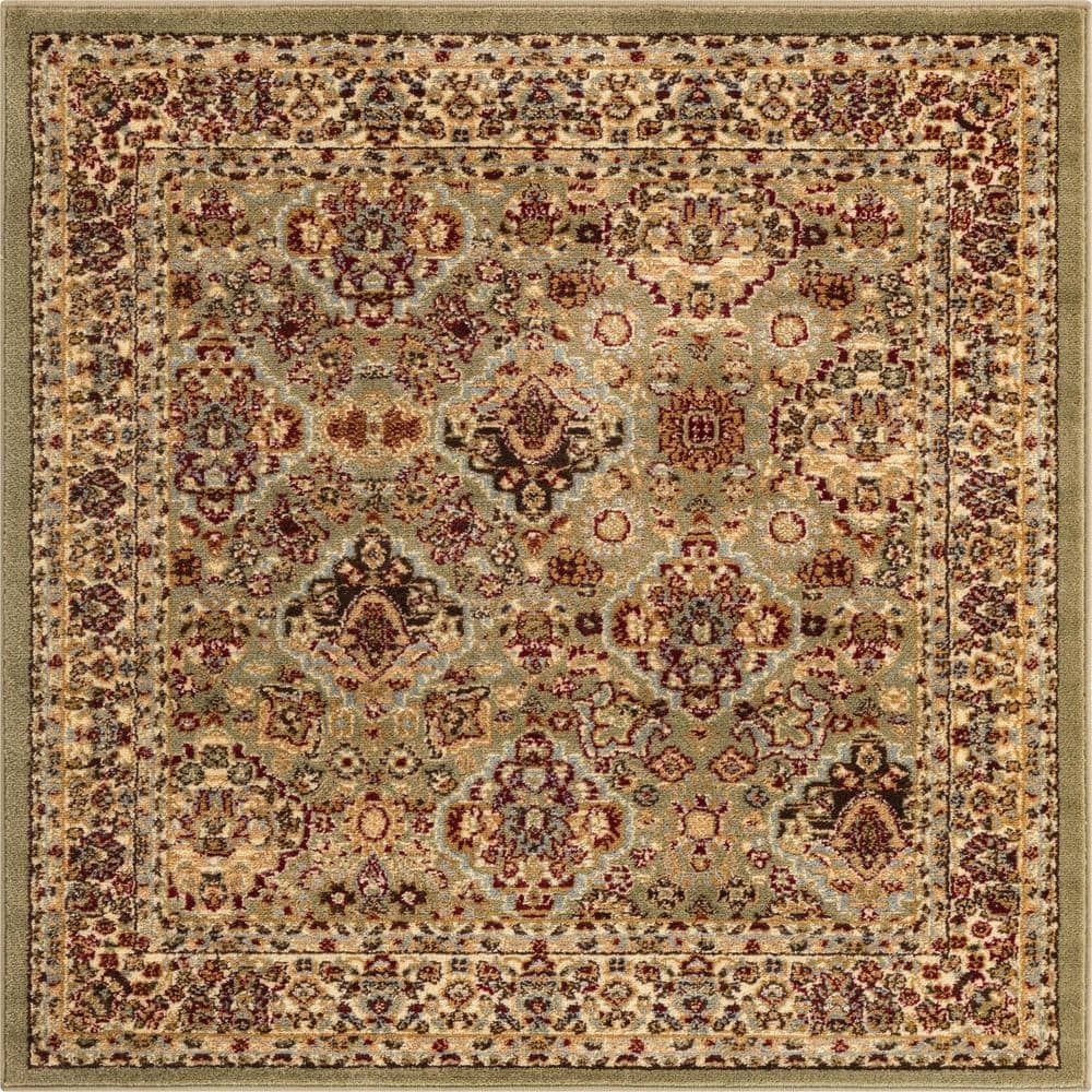 Elegant Square Floral Indoor Area Rug, 4'1", Light Green and Cream