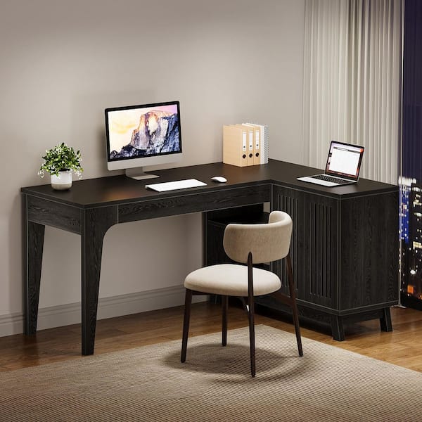 BYBLIGHT Moronia 57 in. Black Wood L-Shaped Desk, Computer Desk