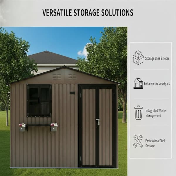 10x8 FT Brown Metal Heavy Duty Outdoor Storage Shed with 3 Windows