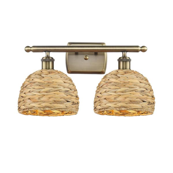 Woven Rattan 18 in. 2-Light Antique Brass Vanity Light with Rattan Shade