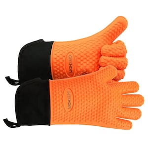 X-Large Size Silicone Heat Resistant Grilling Gloves, Waterproof Oven Gloves Cooking Accessories for Outdoor, Orange