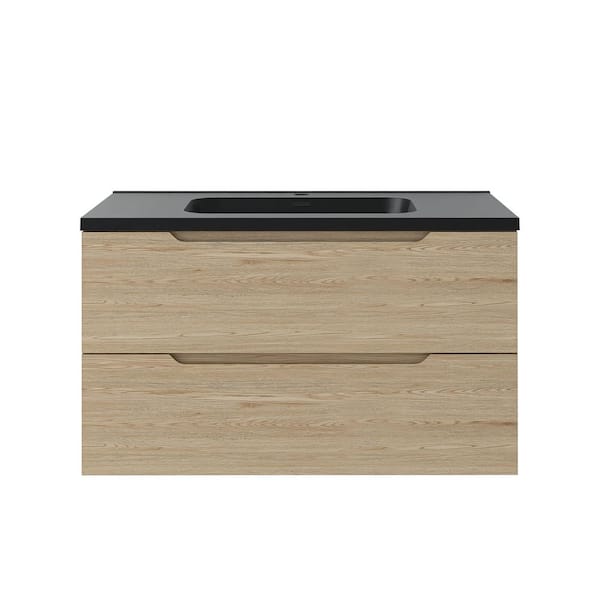 36 in. Wall-Mounted Evita Oak Bath Vanity with Black Quartz sand Top Assembled