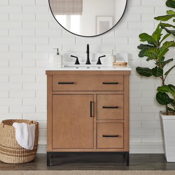 Loren 30 in. Single Sink Freestanding Gunny Bath Vanity with Pure White Engineer Stone Top