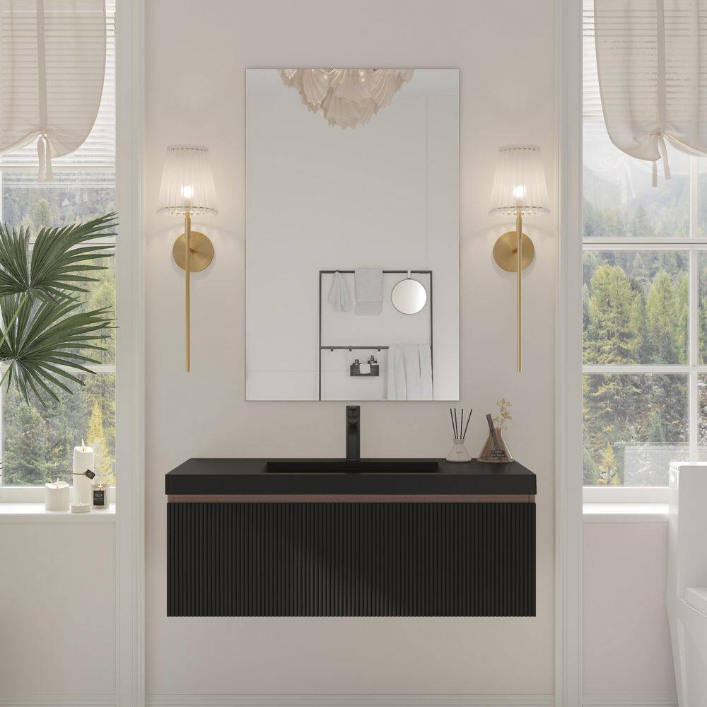 42 in. Wall-Mounted Bath Vanity Floating Bathroom Storage Cabinet in Smoked Walnut with Black Quartz Sand Top price history on PriceWatchPro