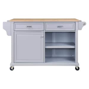 Gray Rubber Wood Kitchen Cart with Drop Leaf, 1 Door Cabinet, 2 Drawers, Spice Rack and Towel Rack