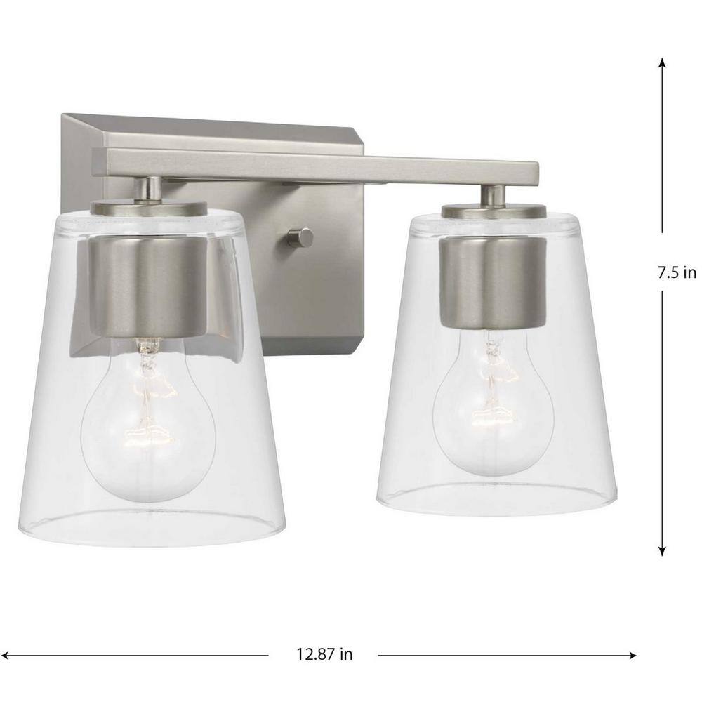 Vertex Brushed Nickel Clear Glass 2-Light Bath Fixture