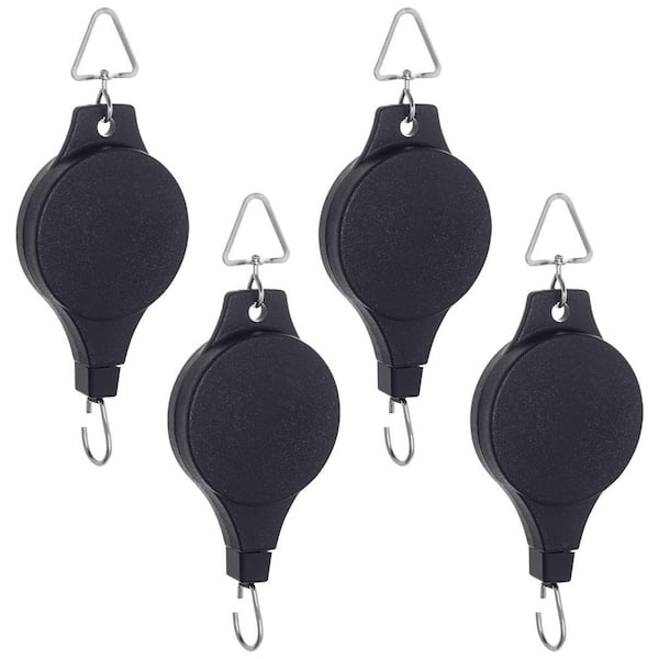 Black Retractable Plant Pulley Hanger, Adjustable Height Heavy Duty Indoor Outdoor Hanging Hook with Auto Lock (4-Pack)