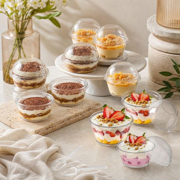 Wudkey 100-Pack 3.5 in. 5 oz. Disposable Thick Plastic Dessert Cups with Lids and Spoons, Clear Mini Reusable Serving Bowls
