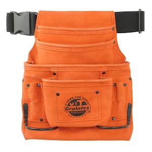 10-Pocket Nail and Tool Pouch with Belt Orange Suede Leather w/2 Hammer Holders