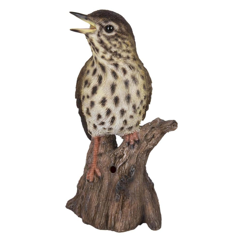 Brown Polyresin Songbird on Stump with Motion Sensor