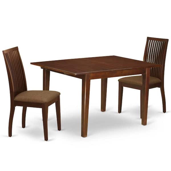 East West Furniture 3-Piece Mahogany Finish Rectangular Solid Wood Top With Butterfly Leaf Dining Table Set