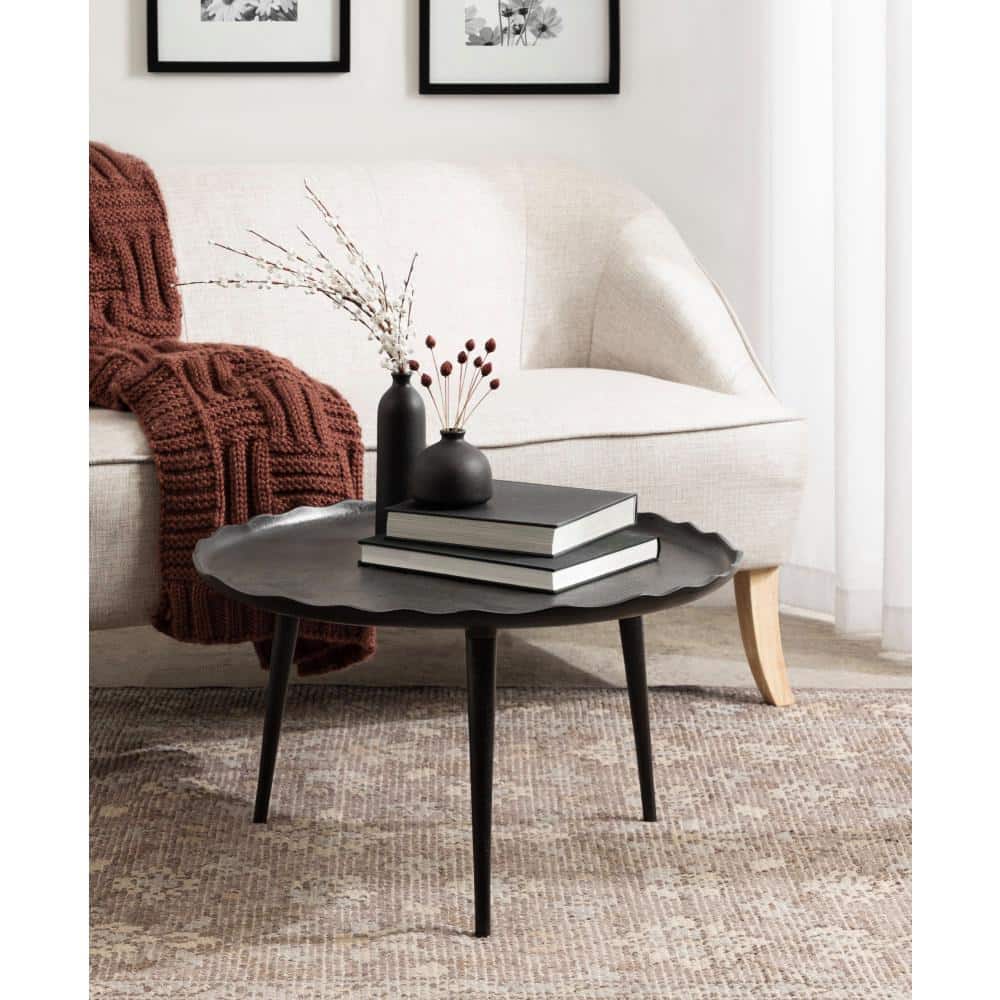 Alessia Black Round Metal Coffee Table with Deckled Edge, 26x26x16