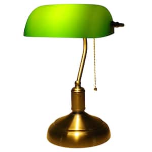15 in. Antique Brass Indoor Adjustable Height Bankers Desk Lamp with Green Glass Shade