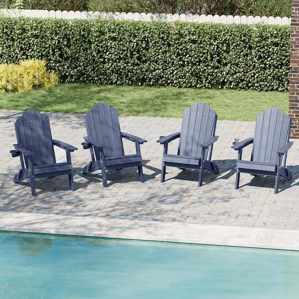Navy Blue Plastic Foldable HDPE Adirondack Chair with Cup Holder, 350 lbs. (Set of 4)