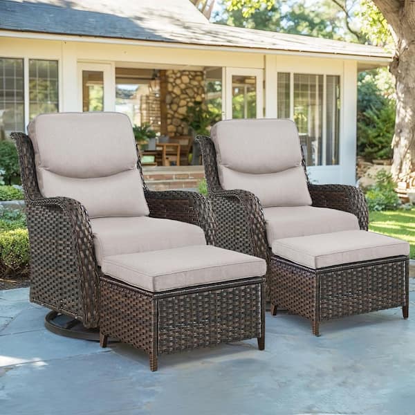 Crescent Brown Wicker Outdoor Rocking Chair Set with 5 in. Thick Beige Cushions, Swivel Rockers and Ottomans (4-Pack)