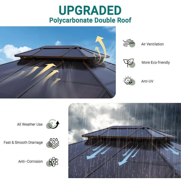 13 ft. W x 10 ft. D Polycarbonate Double Roof Gazebo with Aluminum Frame, Curtains and Netting for Garden, Patio