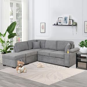 87.4 in. L Shaped Linen Sectional Sofa in Gray, Convertible Sofa Bed with Storage Ottoman, Charging Ports and Cup Holder