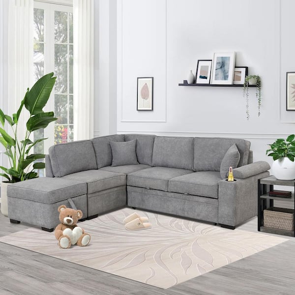 Harper & Bright Designs 87.4 in. L Shaped Linen Sectional Sofa in Gray, Convertible Sofa Bed with Storage Ottoman, Charging Ports and Cup Holder
