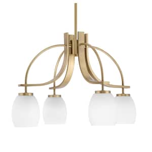 Olympia 15.25 in. 4-Light New Age Brass Downlight Chandelier White Linen Glass Shade