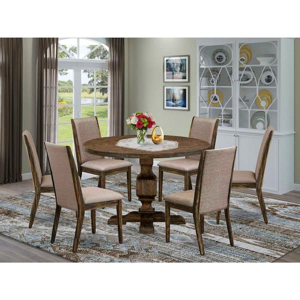 East West Furniture 3-Piece Distressed Jacobean Finish Solid Wood Top Dining Table with 2 Chairs with Lattice Back