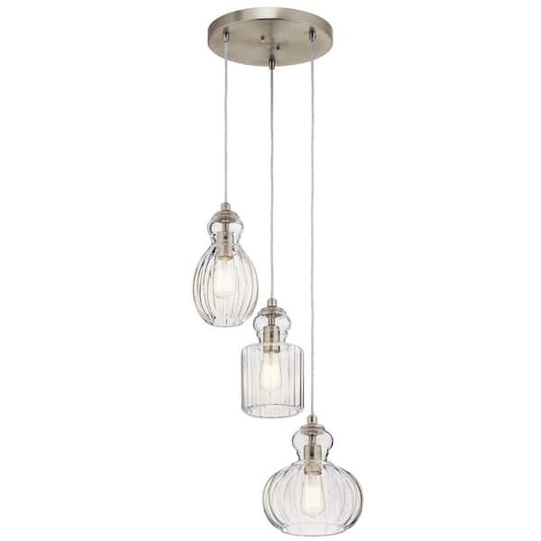 KICHLER Riviera 3-Light Brushed Nickel Transitional Shaded Kitchen Cluster Pendant Hanging Light with Clear Ribbed Glass