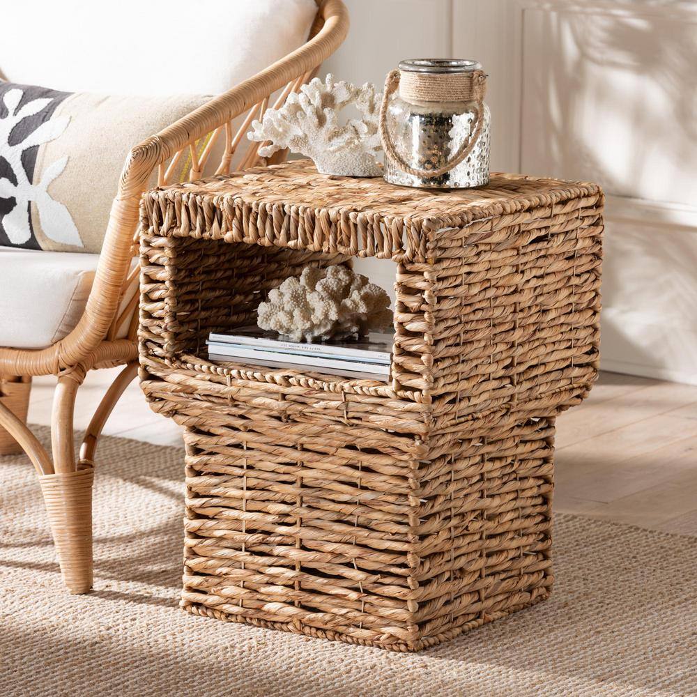Raziel Natural Brown Seagrass Square Accent Table with Open Shelf