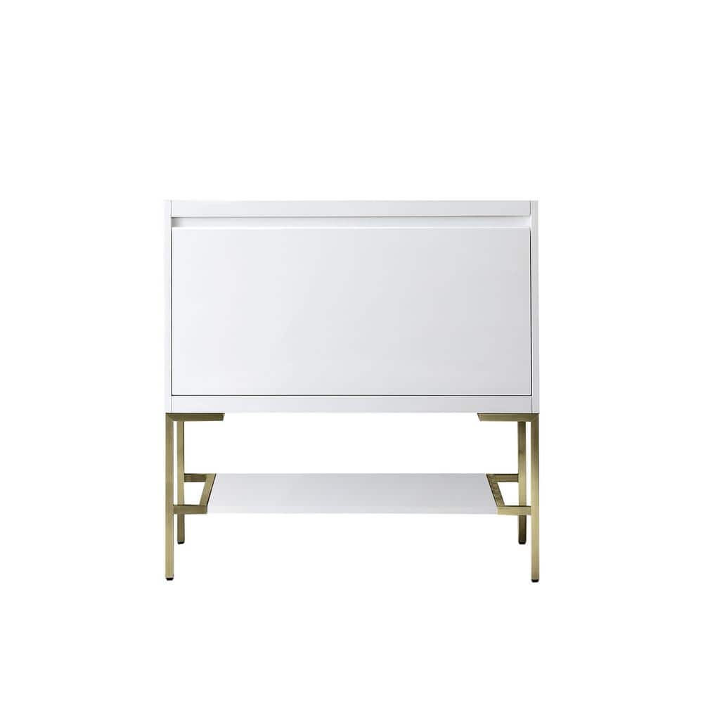 Glossy White Single Bathroom Vanity with Champagne Brass Base