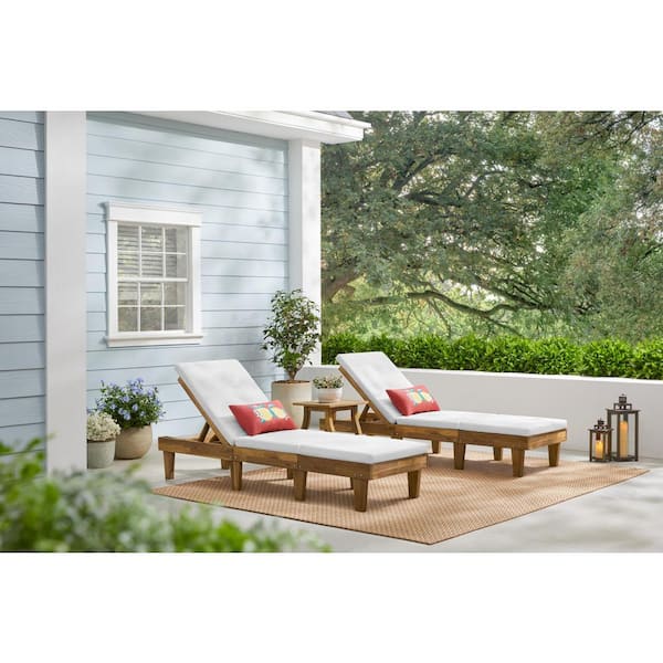 Hampton Bay Natural Brown Wood Outdoor Chaise Lounge with CushionGuard White Cushion