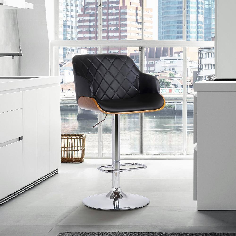 Toby Contemporary Chrome with Black Faux Leather and Walnut Adjustable Bar 