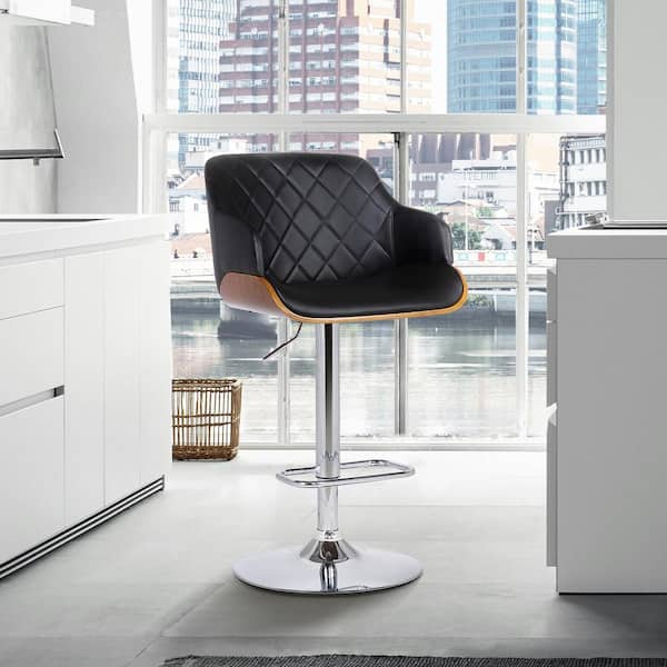 Armen Living Toby Contemporary Chrome with Black Faux Leather and Walnut Adjustable Bar Stool