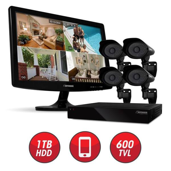 Defender Connected 4-Channel with Digital Video Recorder (4) CMOS Cameras IR with 19 in. LED Monitor-DISCONTINUED