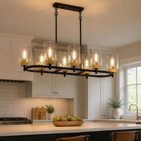 『HAMI 2430 GOLD×BLACK』 YANSUN 8-Light Black and Gold Linear Chandelier with Glass Shades