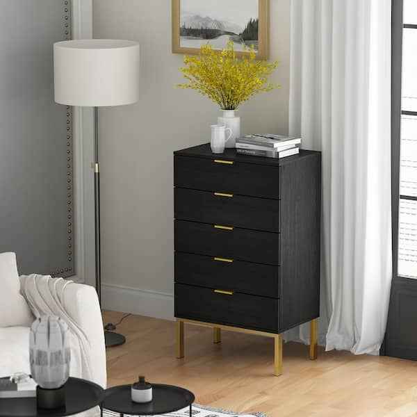 FUFU&GAGA 5-Drawer Black Wood Chest of Drawer Accent Storage