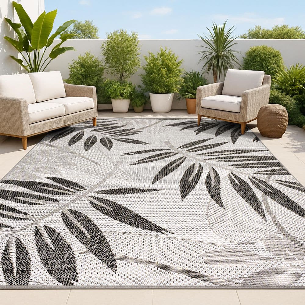 Havana Tropical Palm Leaf Gray/Black 5 ft. x 8 ft. Indoor/Outdoor Area Rug price history on PriceWatchPro