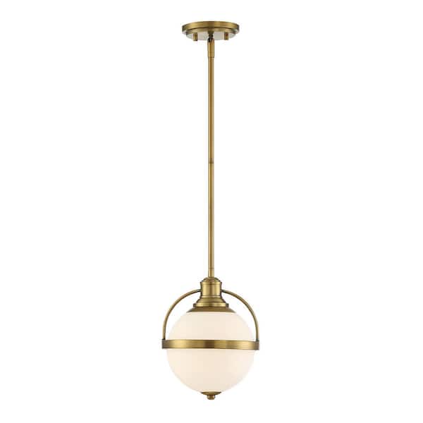 Savoy House Westbourne 8.75 in. W x 11.5 in. H 1-Light Warm Brass Shaded Pendant Light with White Glass Shade
