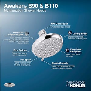 Awaken 3-Spray Patterns 4.6 in. Single Wall Mount Fixed Shower Head in Polished Chrome