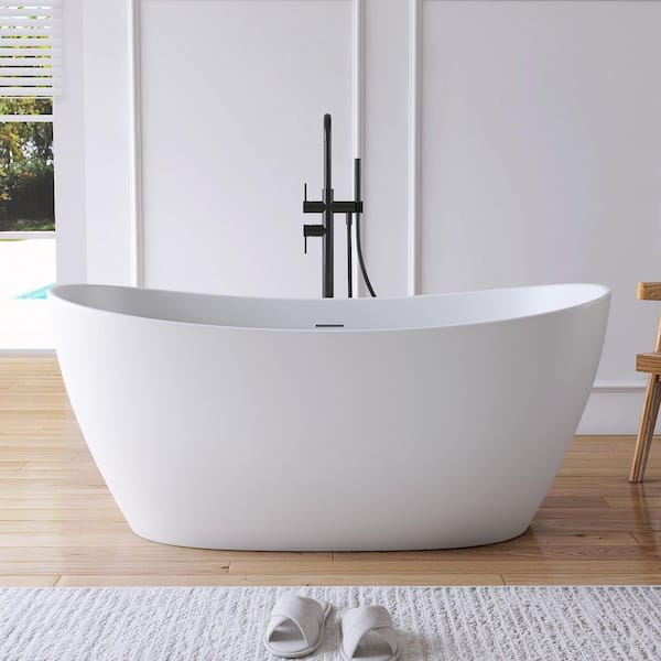 Cyrena 55 in. x 27.5 in. Stone Resin Solid Surface Flatbottom Freestanding Soaking Bathtub in White