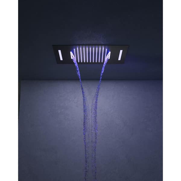 Full Spectrum LED 7-Spray Ceiling Mount 23 in. x 15 in. Dual Fixed and Handheld Shower Head w/ Waterfall in Matte Black